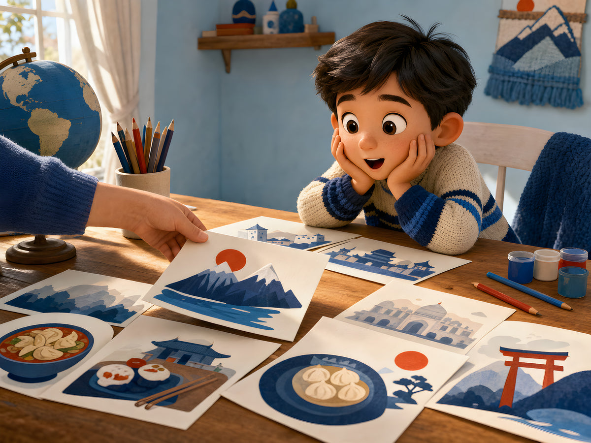 Un enfant découvre les illustrations d'un pays, page après page, dans un livre jeunesse