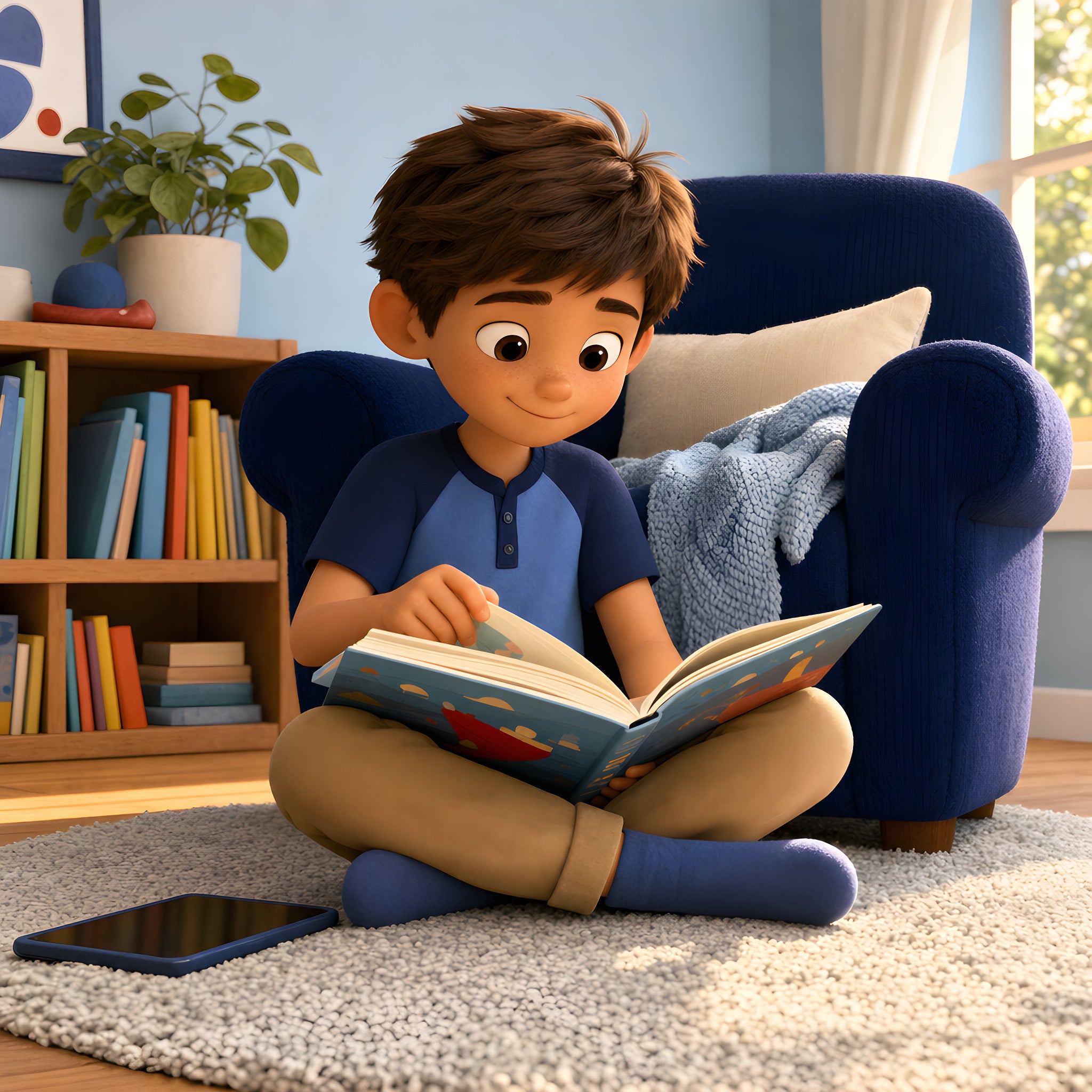Un enfant lit un livre papier dans son salon, la tablette éteinte posée à côté