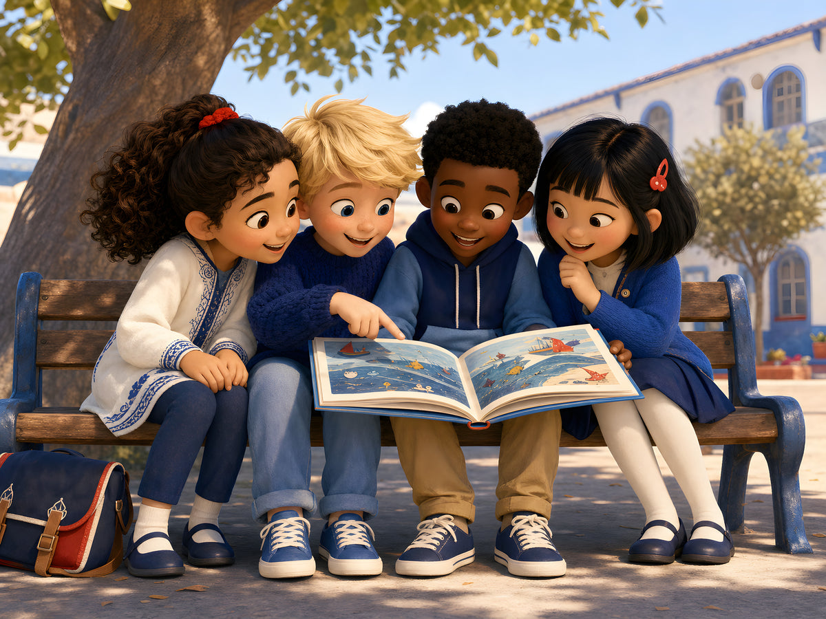 Quatre enfants d'origines différentes lisent le même livre pour enfants sur un banc