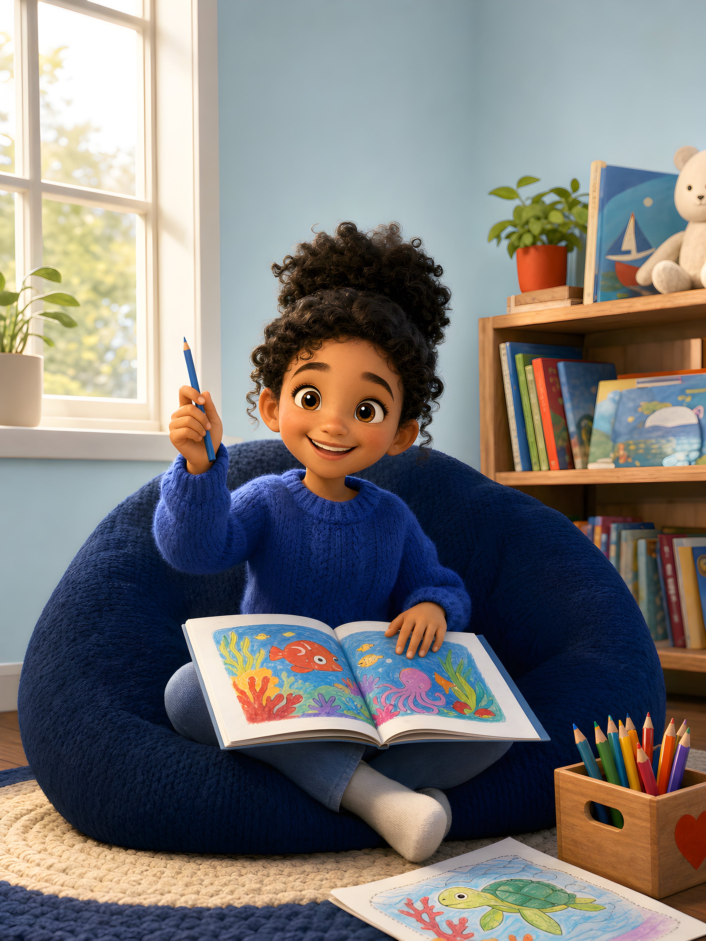 Une fillette fière de la page qu'elle vient de colorier dans son livre pour enfants