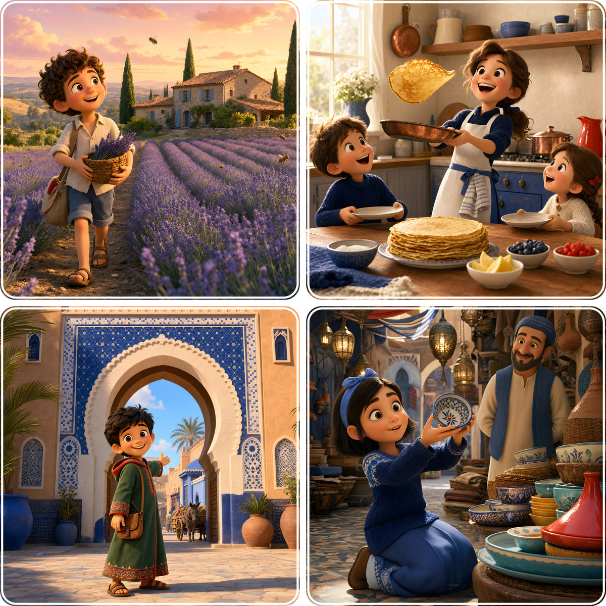 Quatre illustrations des livres pour enfants : lavande de Provence, crêpes, médina, souk