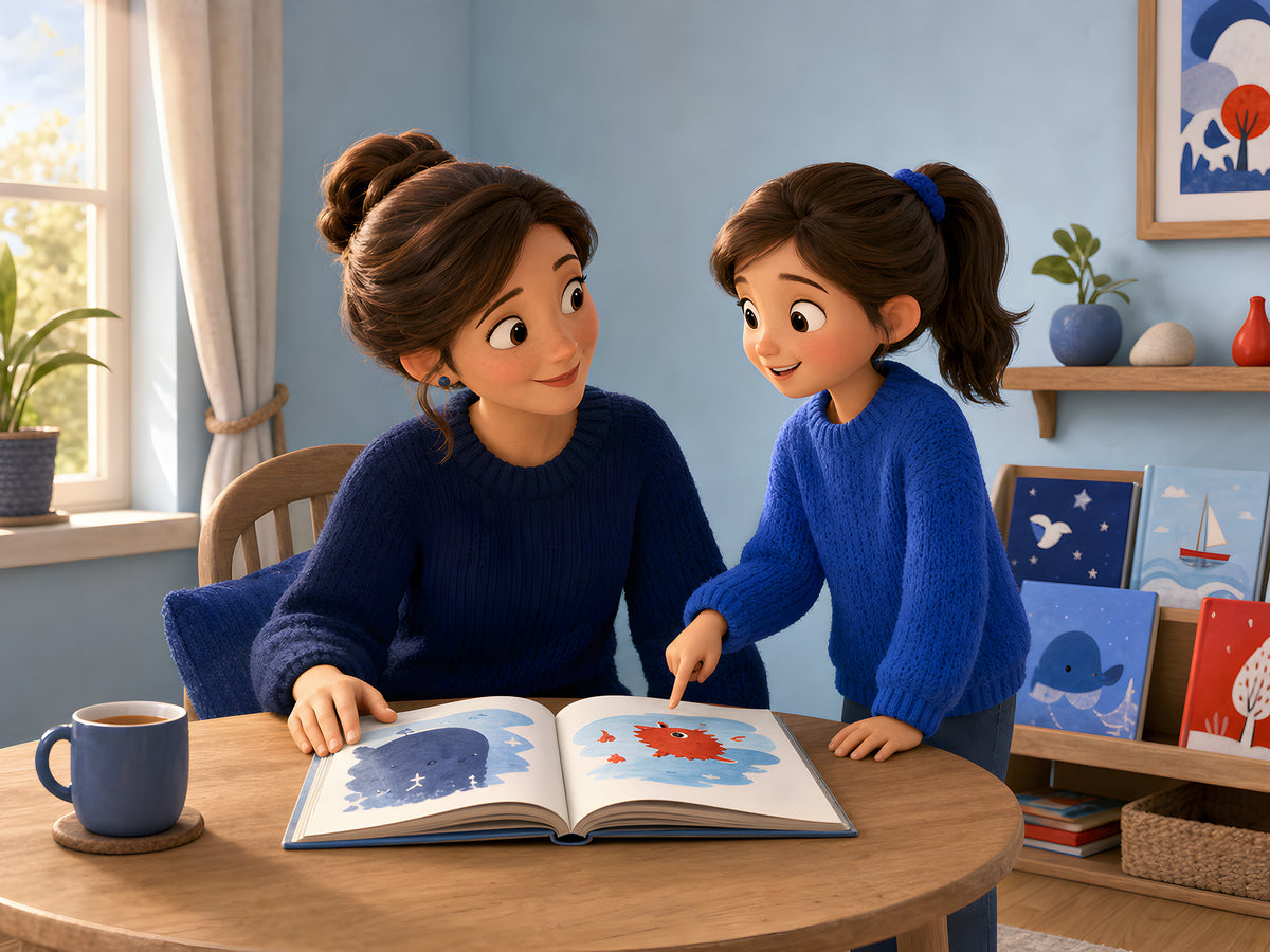 Une maman répond aux questions de sa fille devant un livre documentaire pour enfants