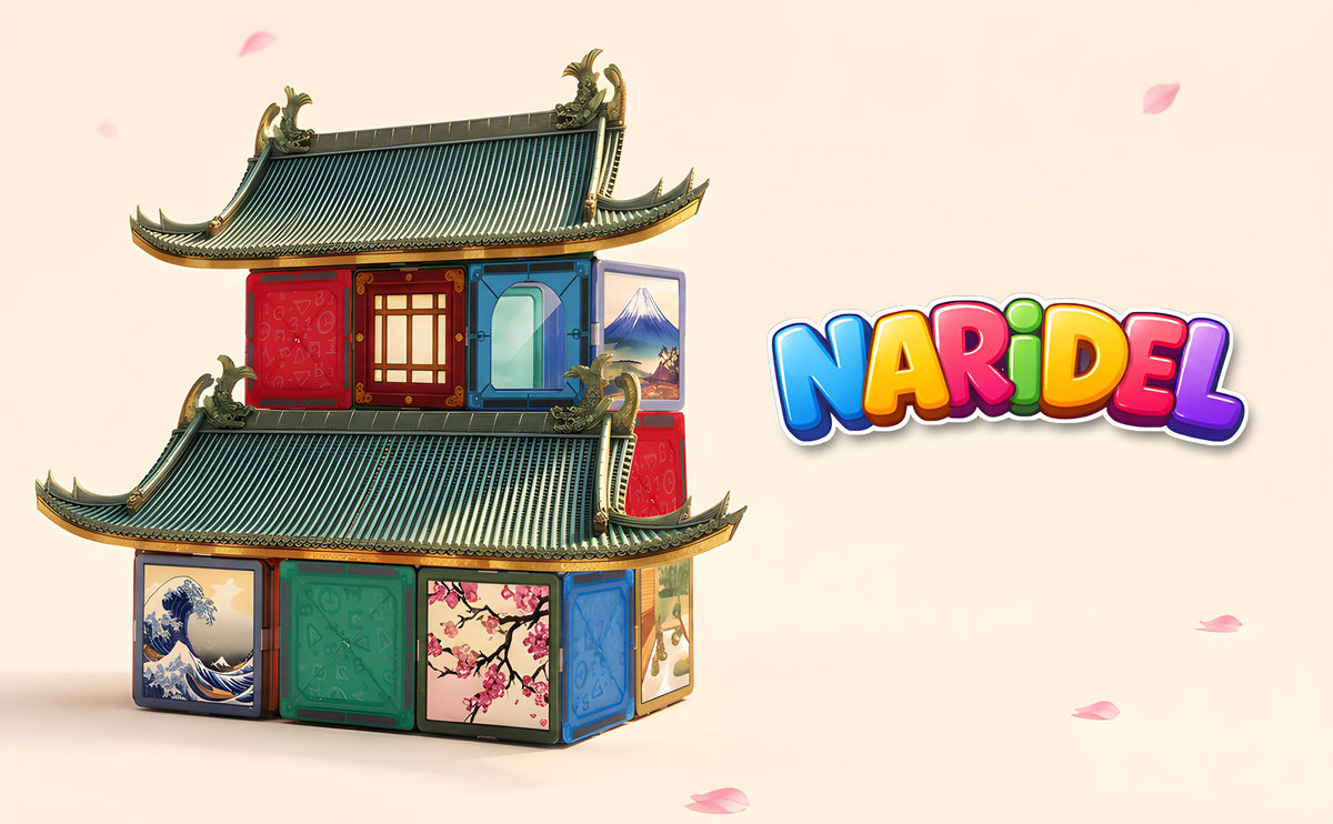 Pagode construite en blocs magnétiques décorés d'aimants japonais, à côté du logo NARIDEL
