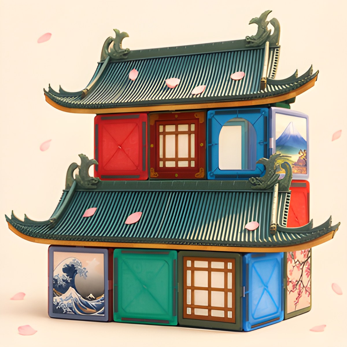 Pagode japonaise terminée, décorée des aimants Mont Fuji, Grande Vague, cerisier et shoji