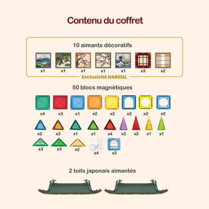 Contenu du coffret : 10 aimants décoratifs, 50 blocs magnétiques et 2 toits japonais aimantés