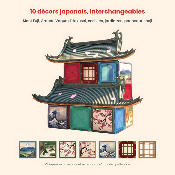 Pagode à deux toits décorée des aimants Mont Fuji, Grande Vague, cerisiers et shoji, et les 7 motifs
