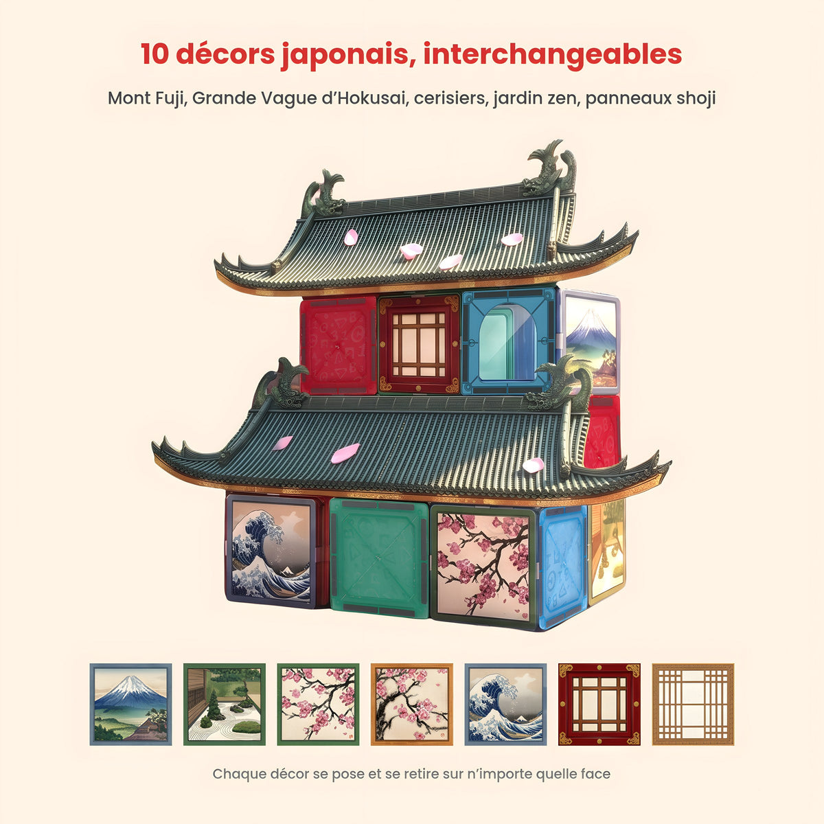 Pagode à deux toits décorée des aimants Mont Fuji, Grande Vague, cerisiers et shoji, et les 7 motifs
