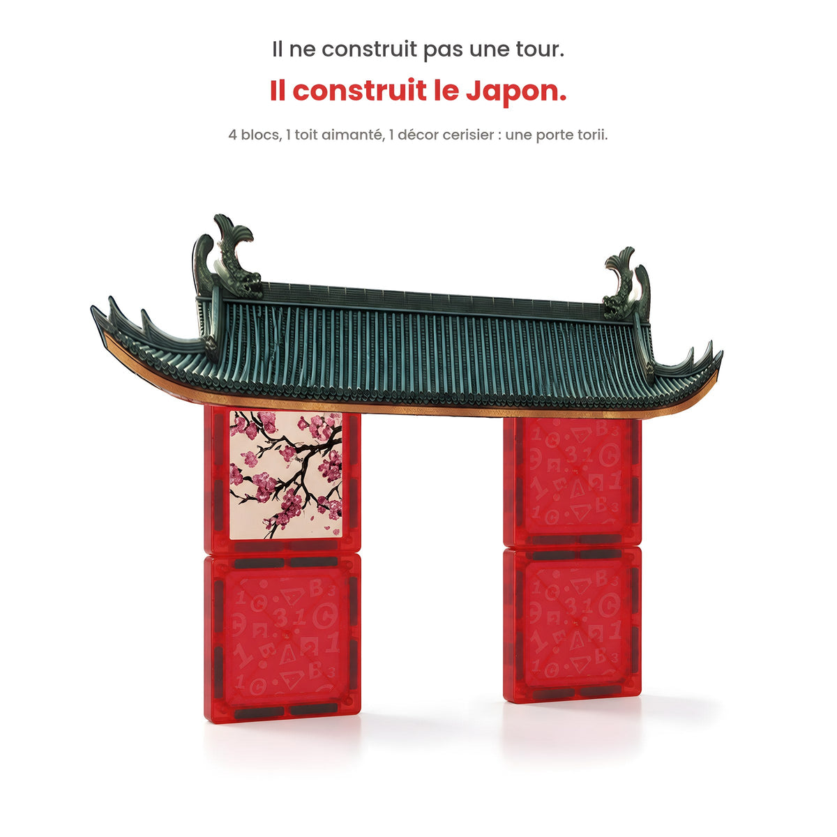 Porte torii construite avec 4 blocs rouges, un toit aimanté et un décor cerisier