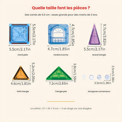 Dimensions des pièces : carré de 5,5 cm, fenêtre à arche, triangles et octogones connecteurs