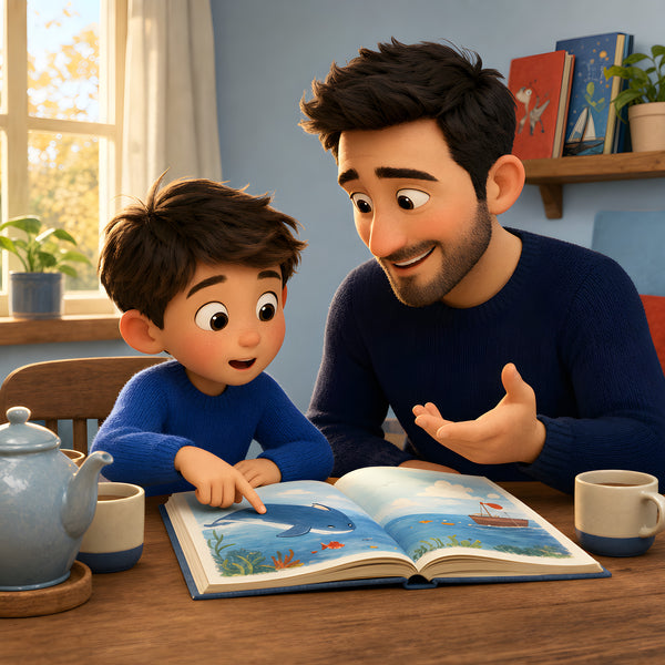 Un papa répond aux questions de son fils en lisant un livre pour enfants illustré