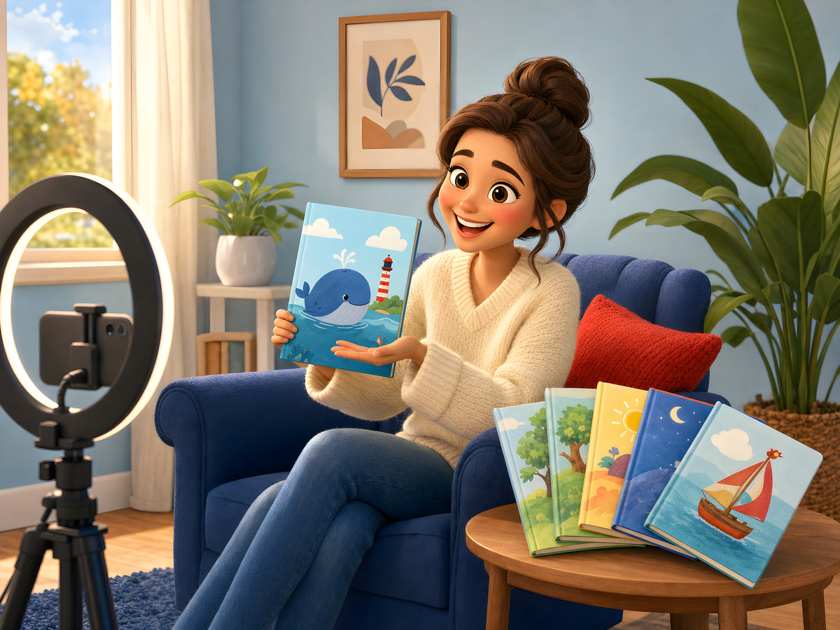 Une créatrice de contenu présente en vidéo les livres pour enfants Mon Kid Shop